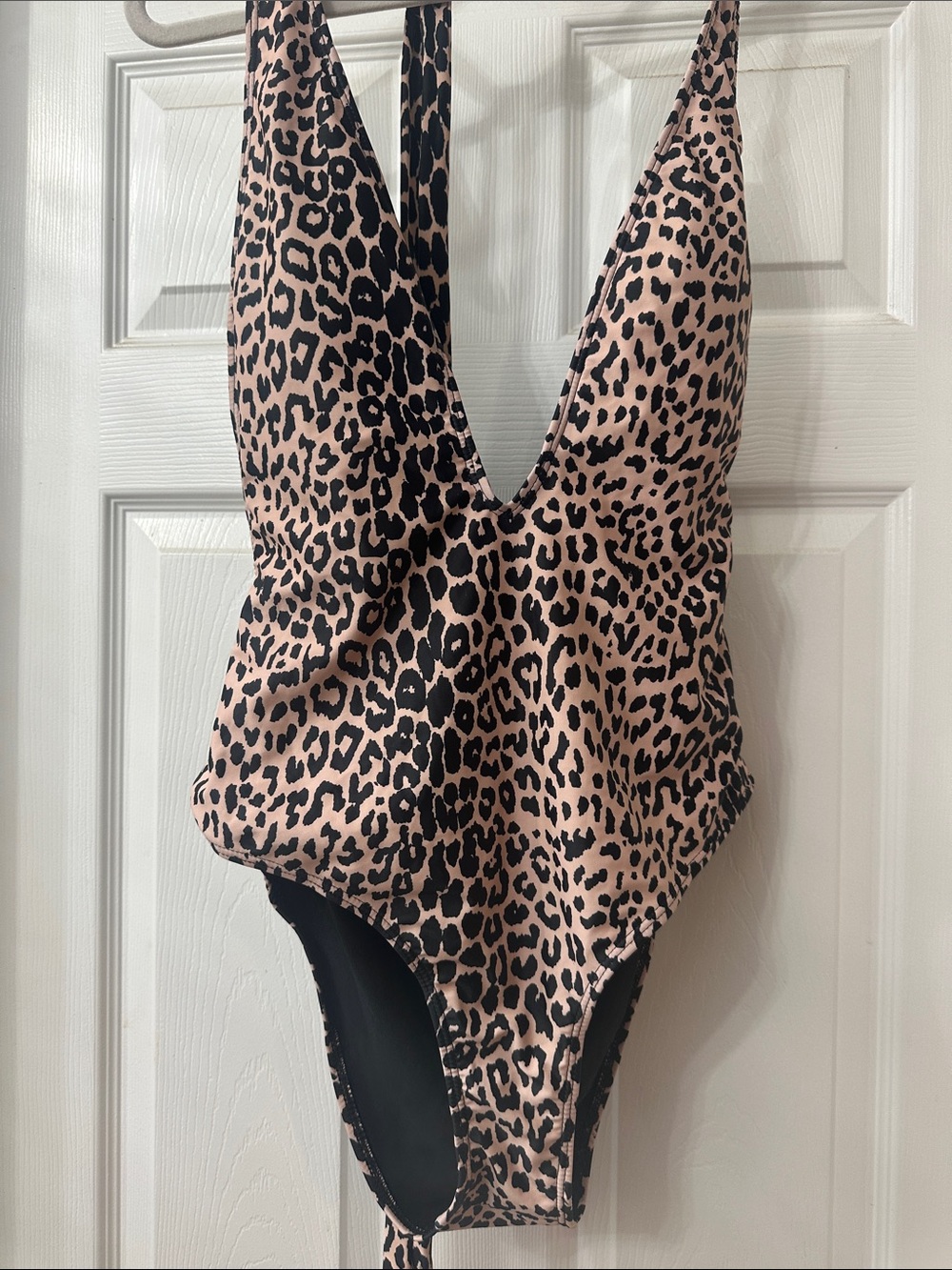 SHEIN Blush Leopard-Print Deep V One-Piece Swim Bodysuit